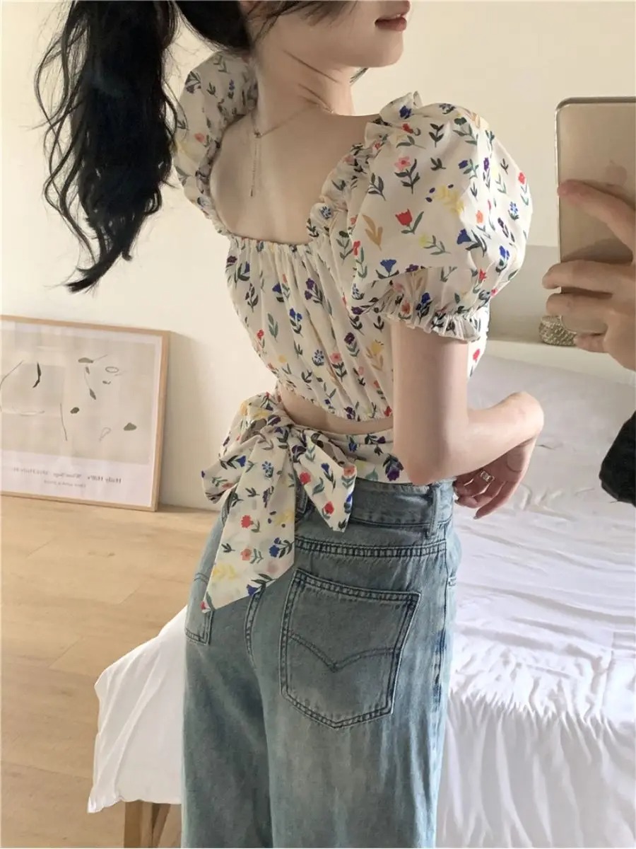 Crop Blouse Linen - Blouses Women Floral Printed Backless Lace-up