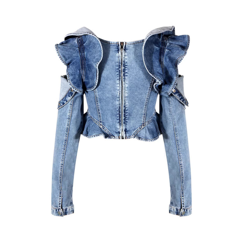 Crop Blouse Linen - Fashion Ruffled Long Sleeve Denim Top