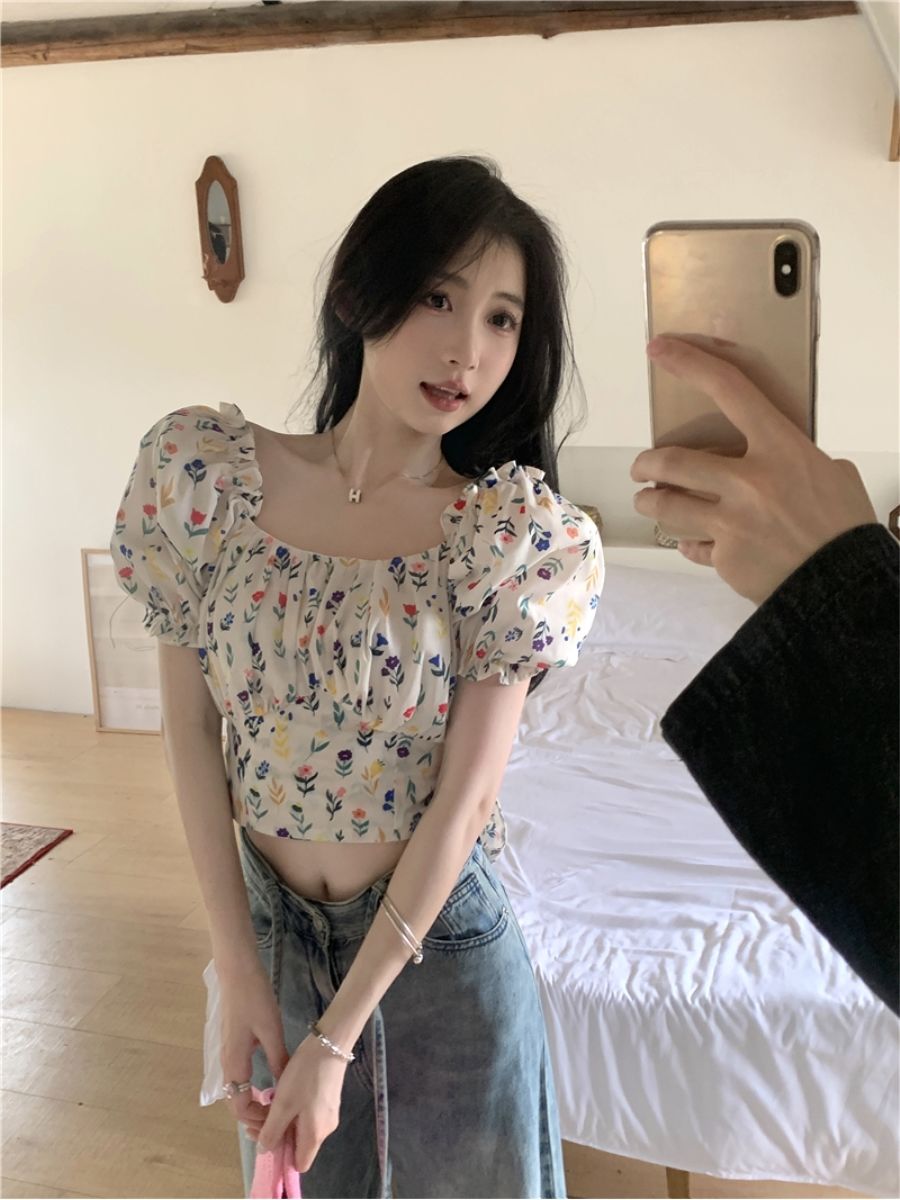 Blouses Women Floral Printed B - Crop Blouse Linen 评论和价格