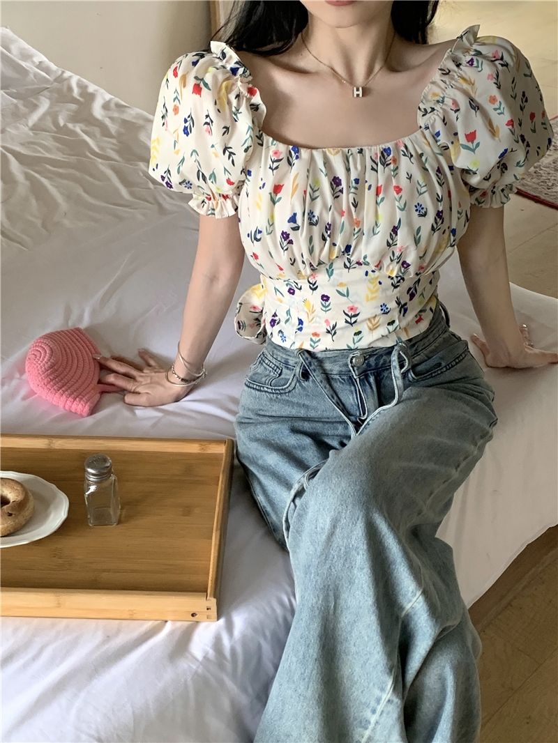 Blouses Women Floral Printed B - Crop Blouse Linen 评论和价格