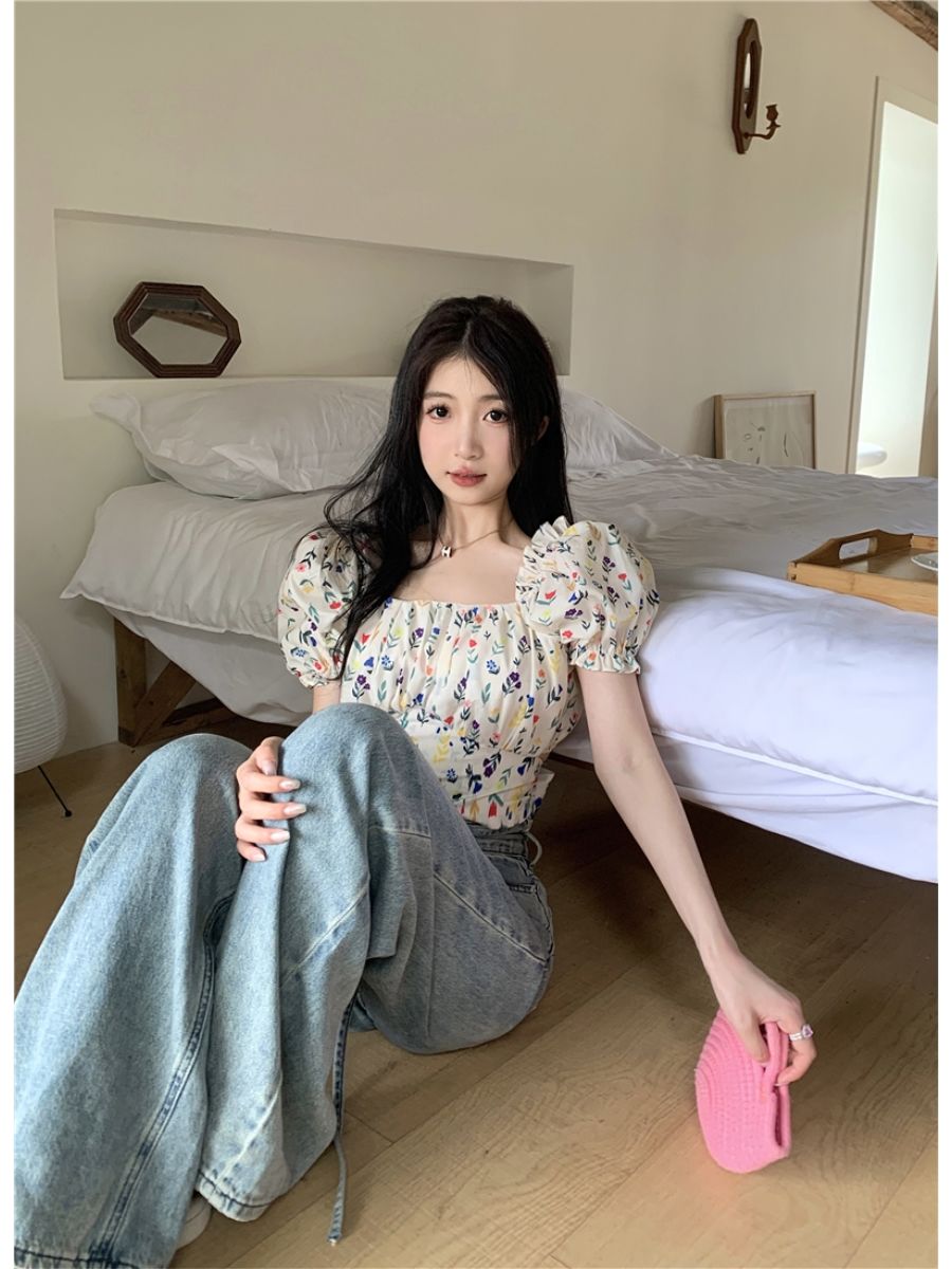 Blouses Women Floral Printed B - Crop Blouse Linen 评论和价格