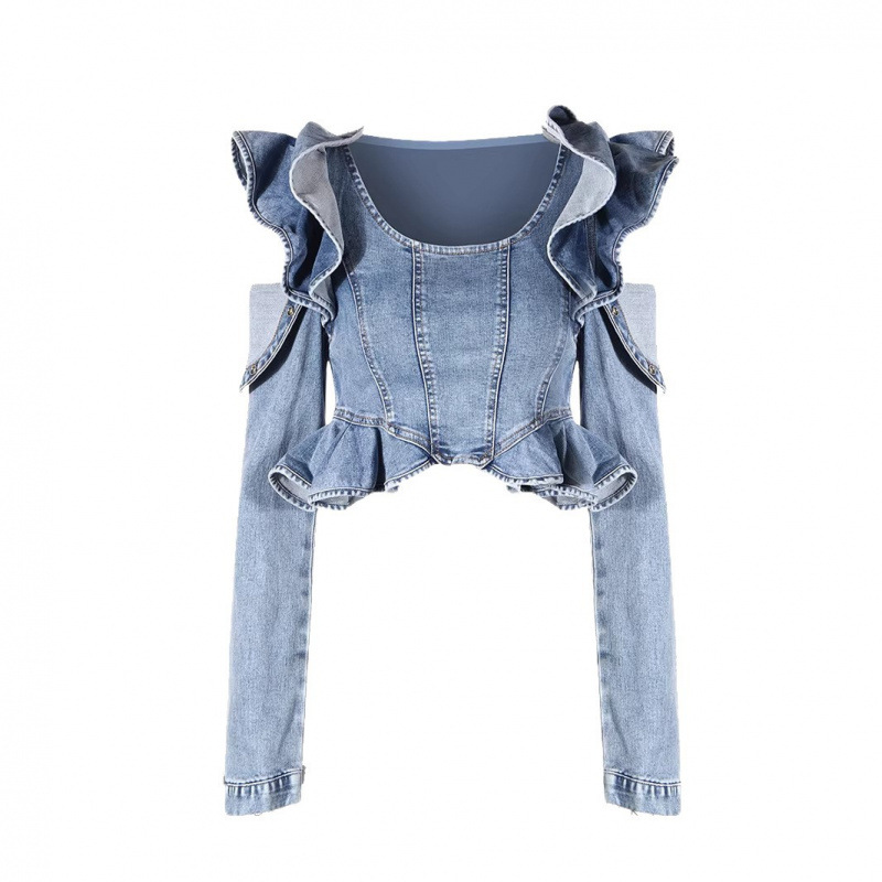 Sexy Off Shoulder Ruffle Denim - Crop Blouse Linen 评论和价格