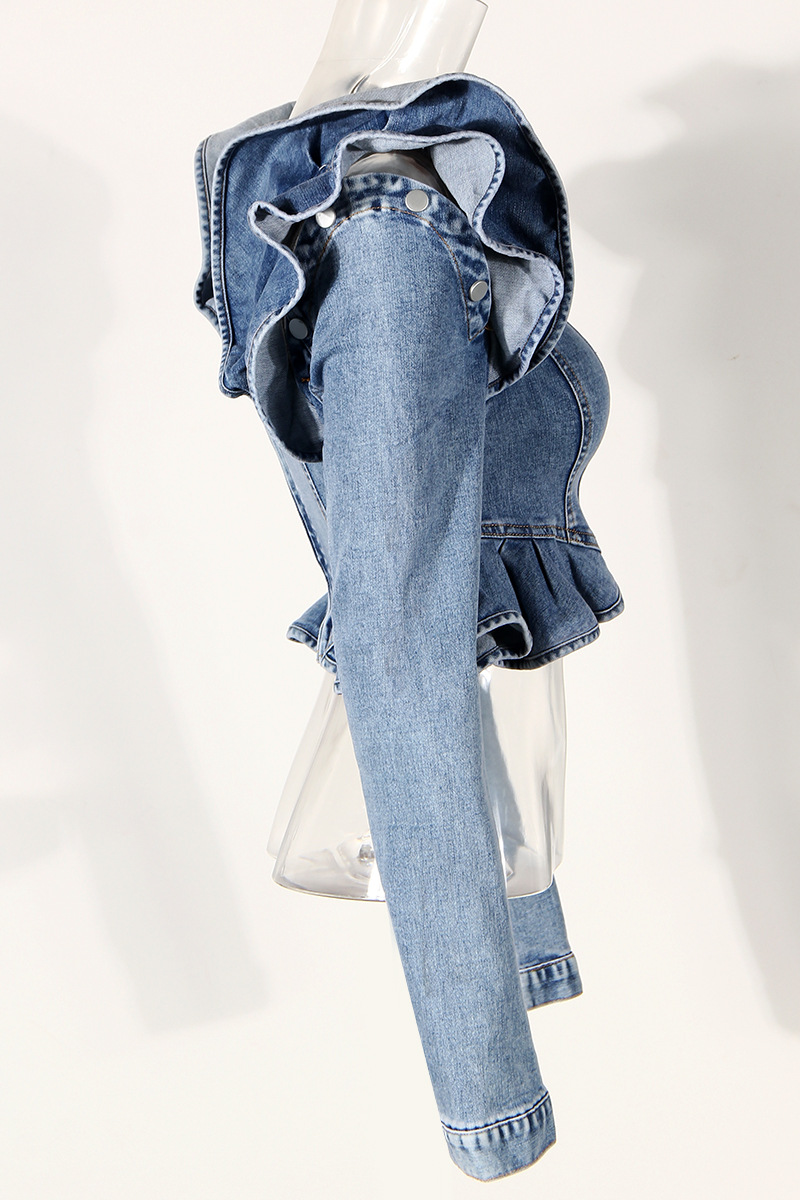 Sexy Off Shoulder Ruffle Denim - Crop Blouse Linen 评论和价格