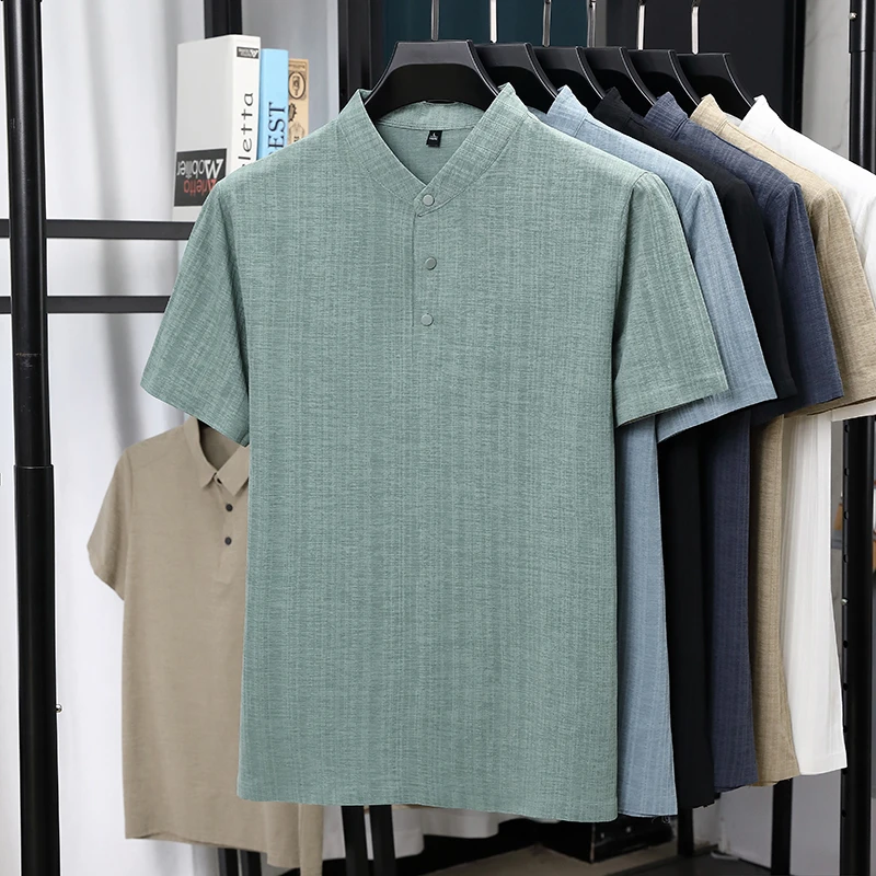 Mens Mandarin Collar Half Plac - Summer Clothing Linen 评论和价格