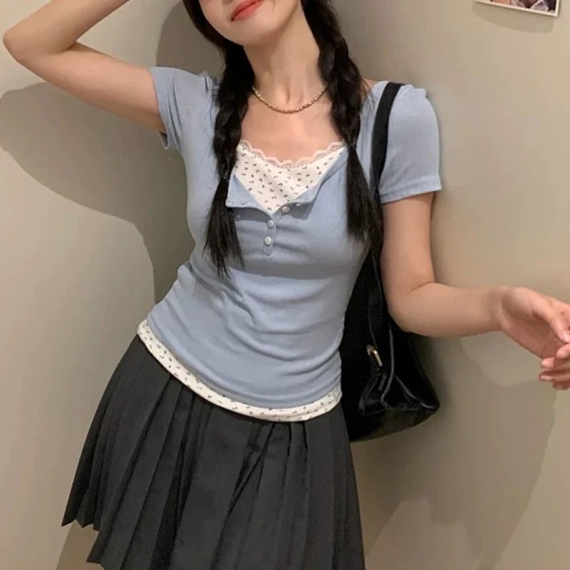 Women Sweet Lace Trim Ribbed K - Crop Blouse Linen 评论和价格