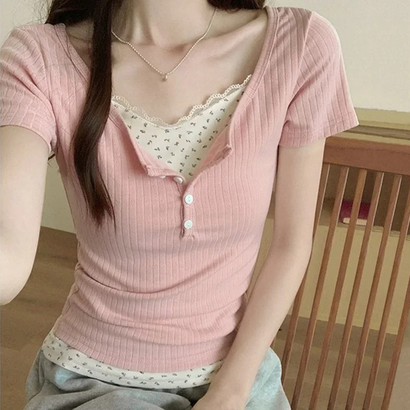 Women Sweet Lace Trim Ribbed K - Crop Blouse Linen 评论和价格