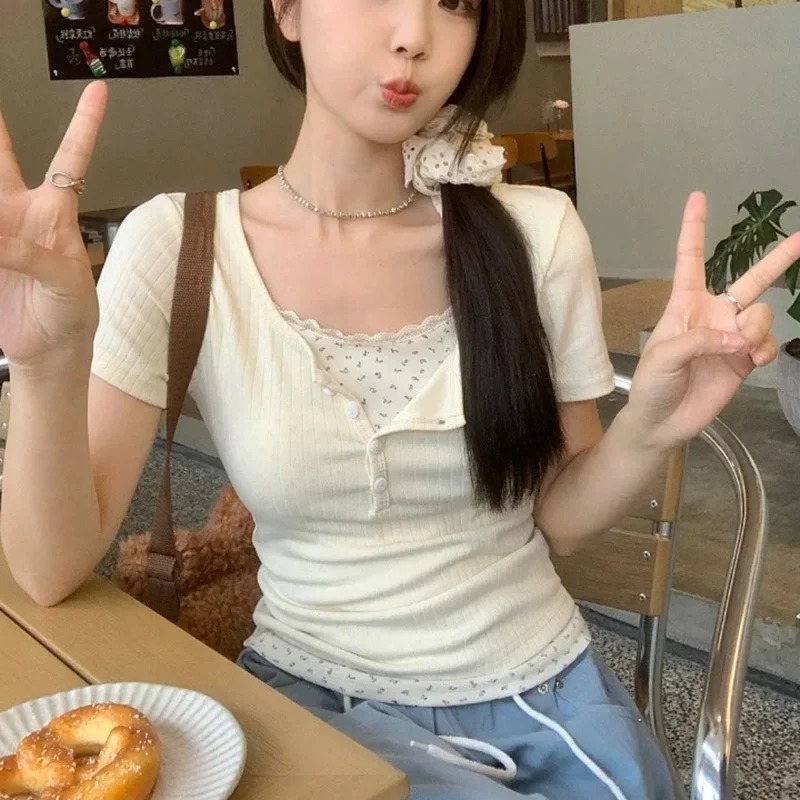 Women Sweet Lace Trim Ribbed K - Crop Blouse Linen 评论和价格
