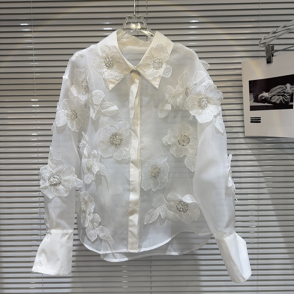 Spring Sequins 3D Flowers Mesh - Crop Blouse Linen 评论和价格