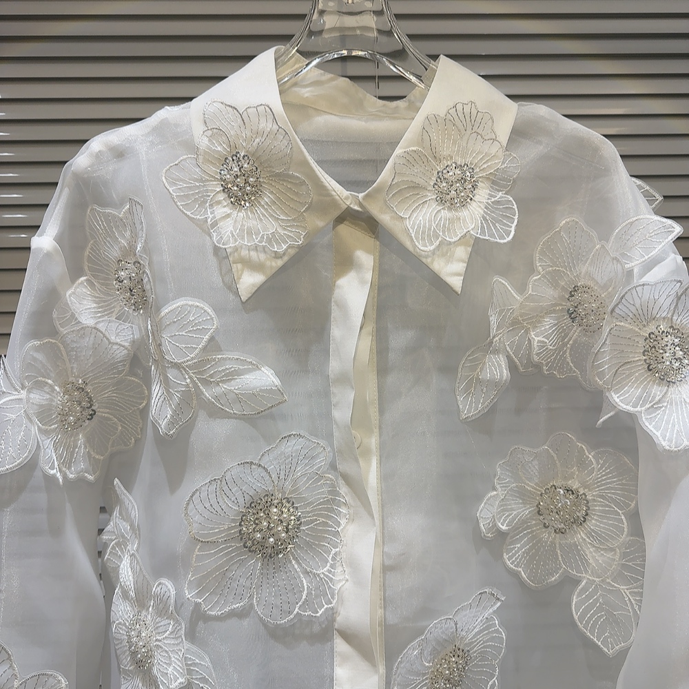 Spring Sequins 3D Flowers Mesh - Crop Blouse Linen 评论和价格