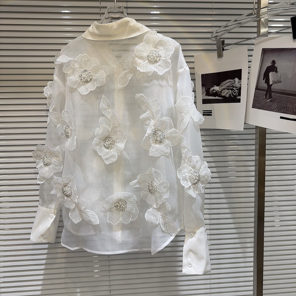 Spring Sequins 3D Flowers Mesh - Crop Blouse Linen 评论和价格