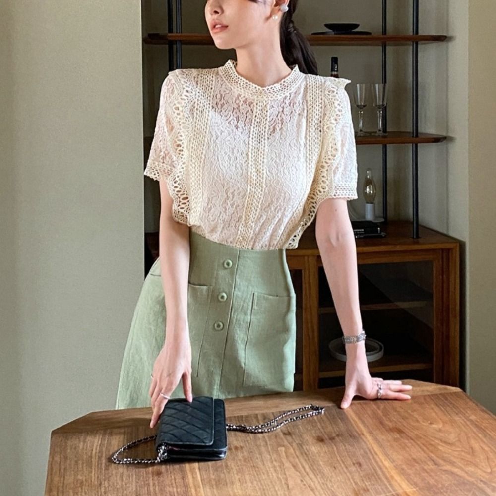 Elegant Sweet Short Sleeve Lac - Crop Blouse Linen 评论和价格