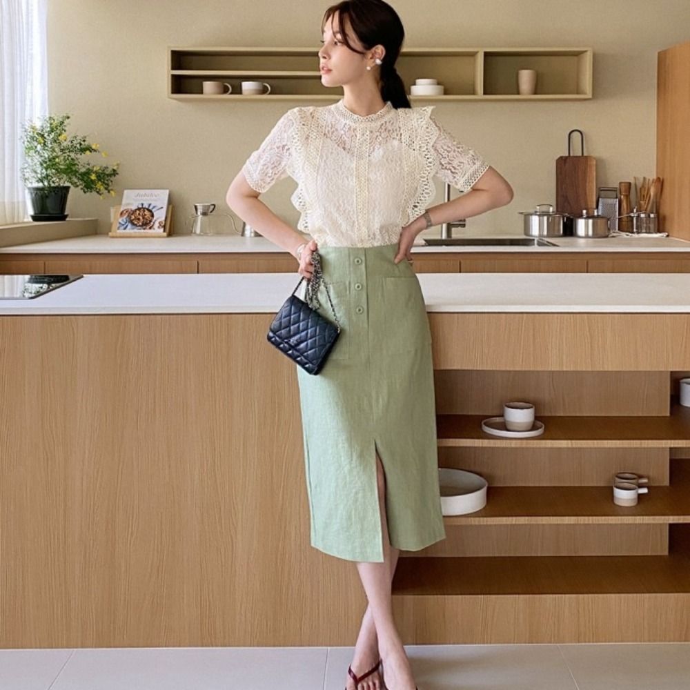 Elegant Sweet Short Sleeve Lac - Crop Blouse Linen 评论和价格