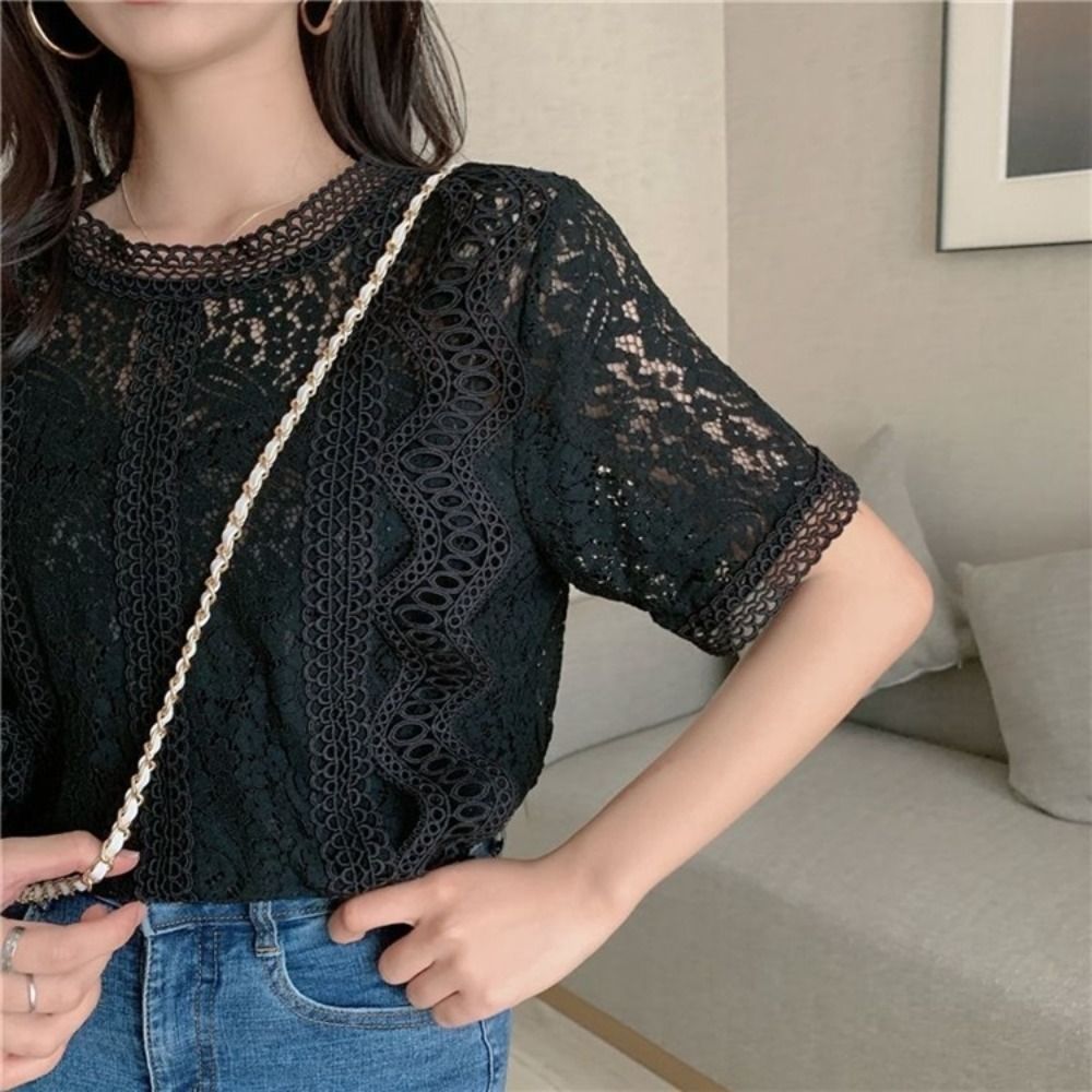 Elegant Sweet Short Sleeve Lac - Crop Blouse Linen 评论和价格